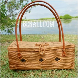 fashion square handbag ata rattan brass flower strap leather handle